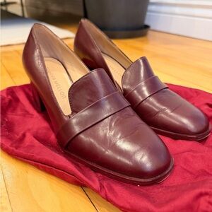 Tamara Mellon Burgandy Vitello Calf Fellini Loafers, 37.5, Made in Italy